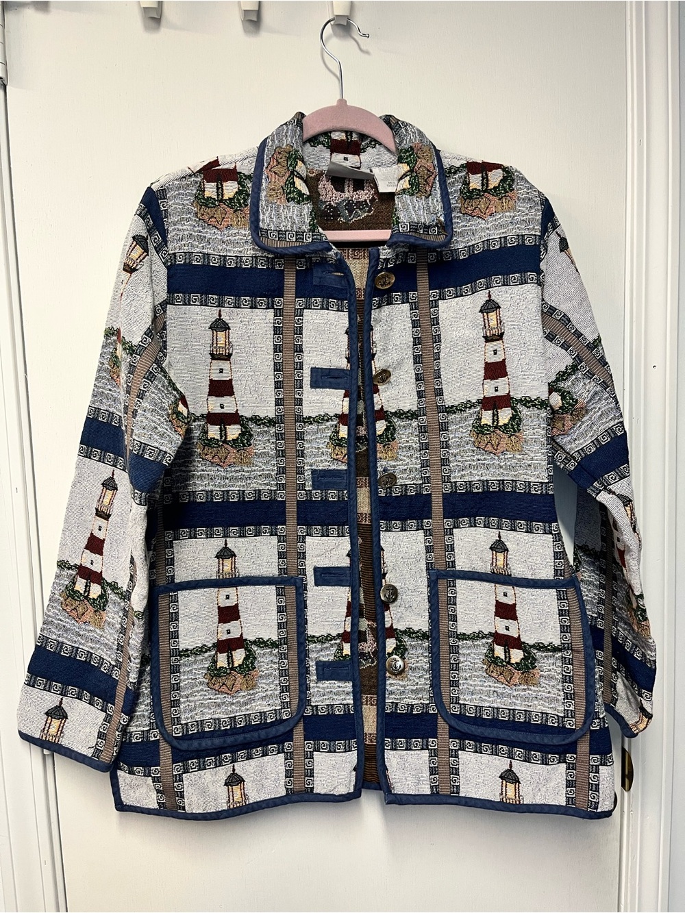 Vintage Blair Lighthouse Tapestry Jacket Coastal Button Front